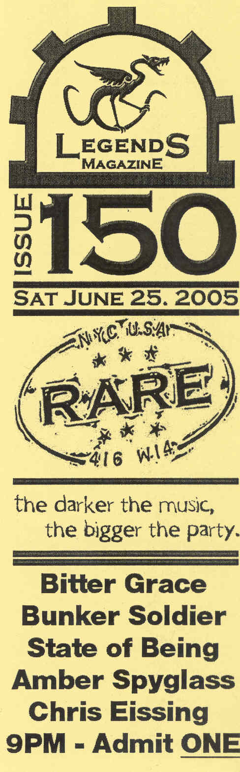 Unused ticket stub to the Legends Magazine 150th issue party at Club Rare, Manhattan.