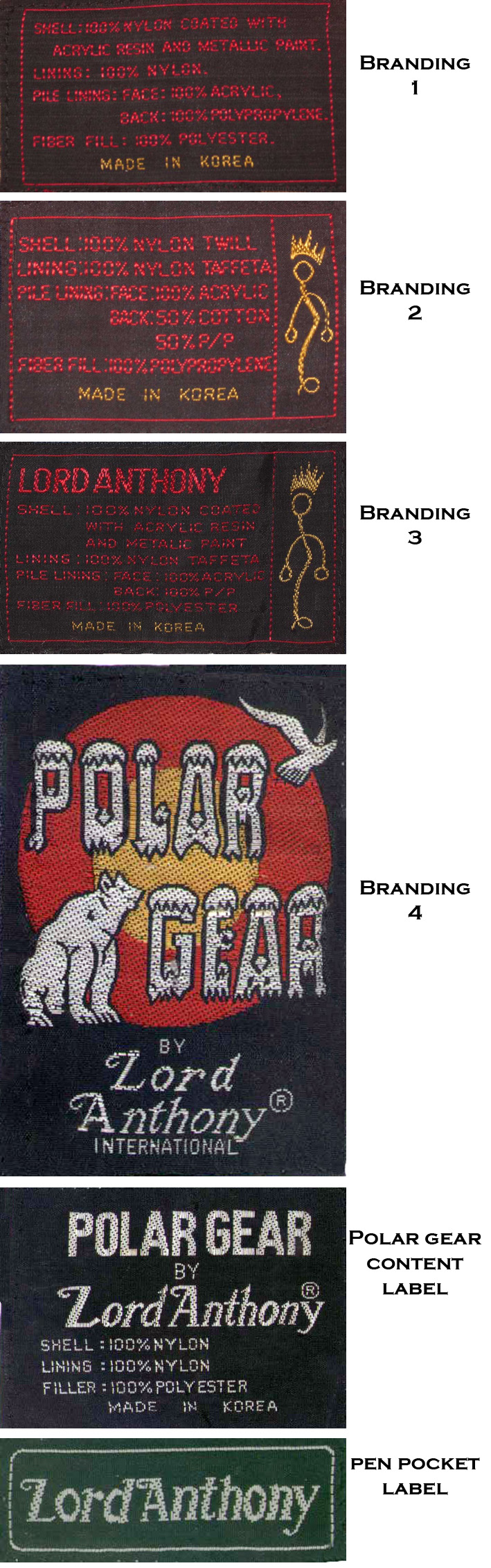 The branding used by Lord Anthony changed over the years. This shows all branding used on their snorkel parka jackets from the oldest to the newest