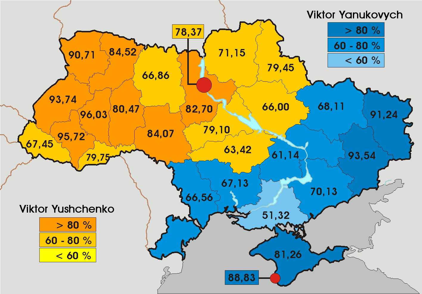 Ukrainian presidential election, 2004. Donbas supported Viktor Yanukovych the most