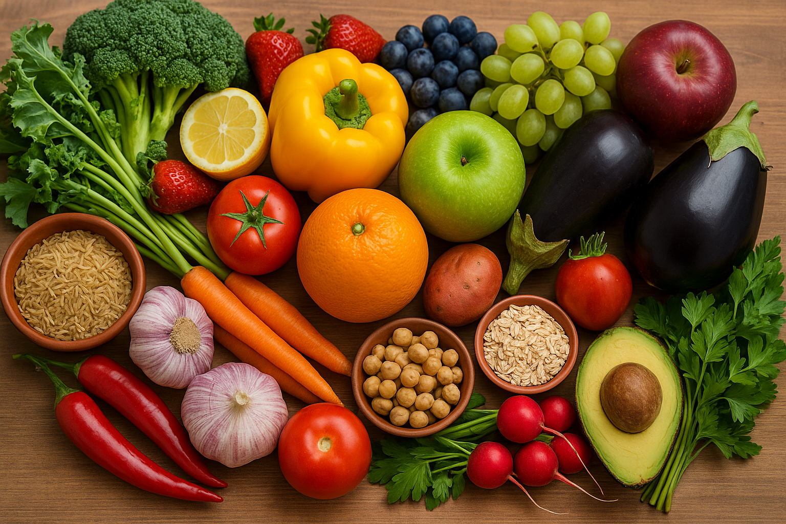 A diverse selection of fruits, vegetables, grains, and herbs representing species-level nutritional biodiversity.