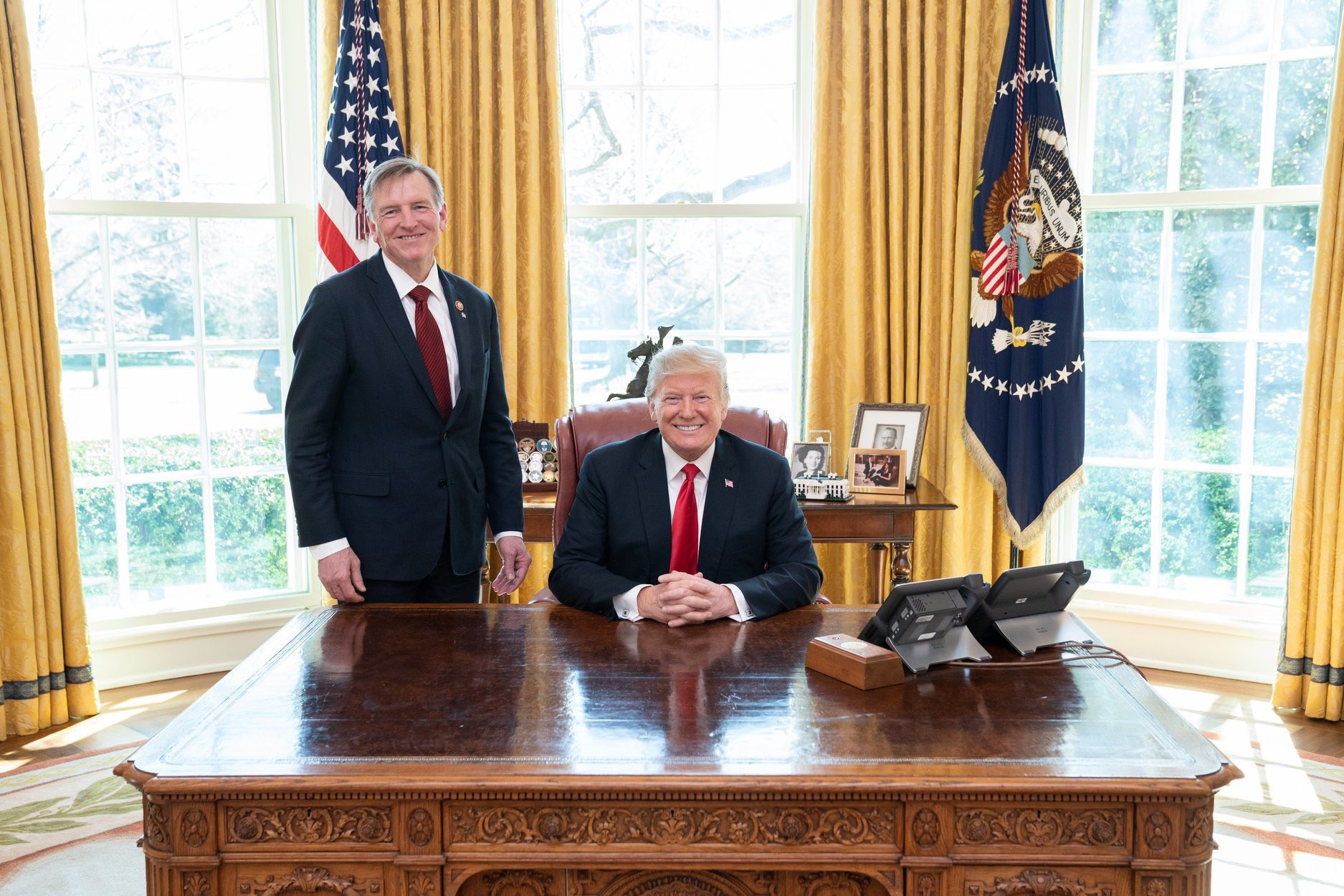 Photo tweeted by Rep. Paul Gosar on the day of President Donald Trump's first impeachment, captioned "With today’s vote, Democrats put their hatred of @realDonaldTrump above their love for America. I stand with @POTUS! 🇺🇸"