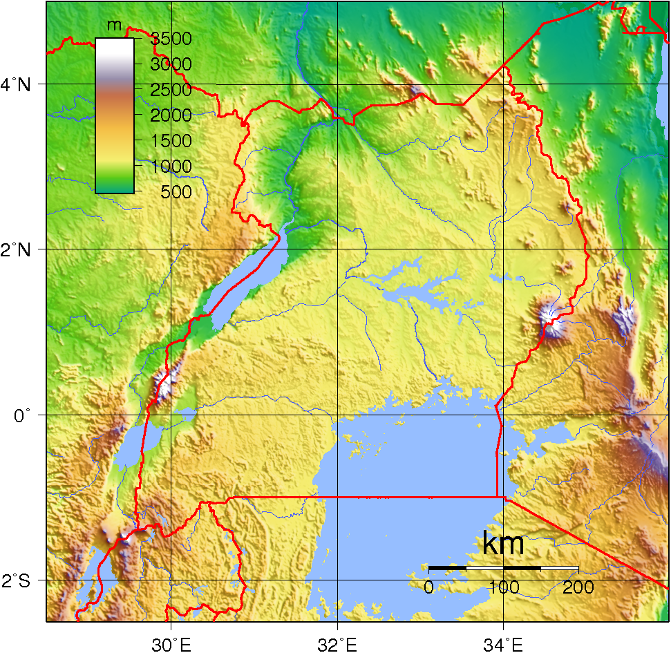 A physical map of Uganda. The border with Tanzania is located to the south.