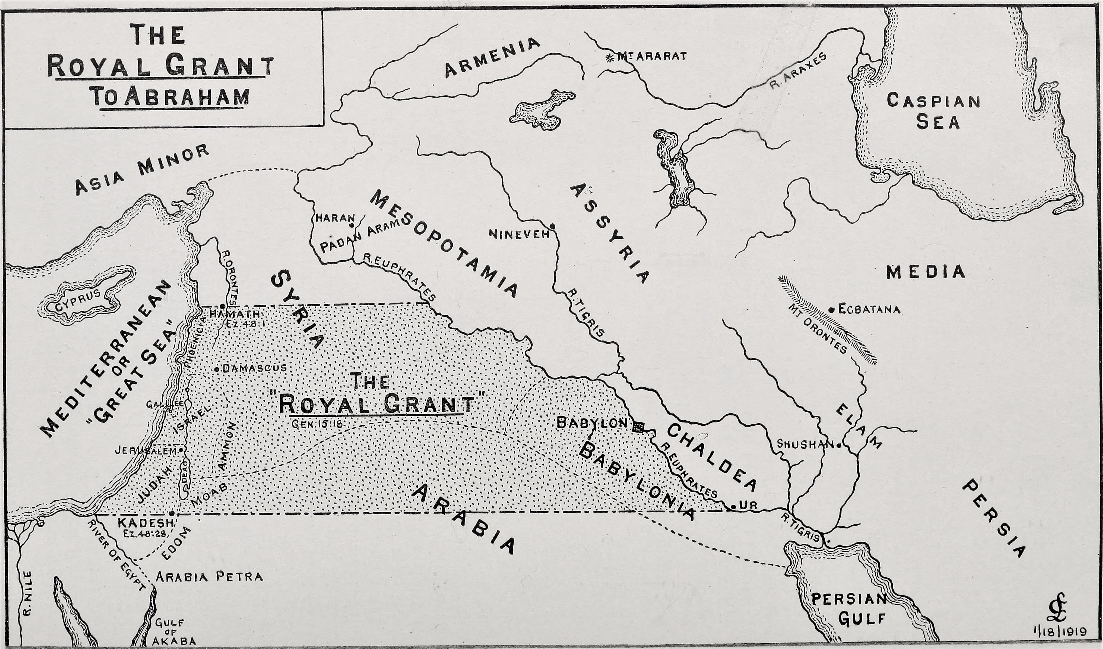 A 1919 map of the "Royal Grant" to Abraham consisting of all the land east of the Brook of Egypt and west of the Euphrates, north of Kadesh and south of Hamath