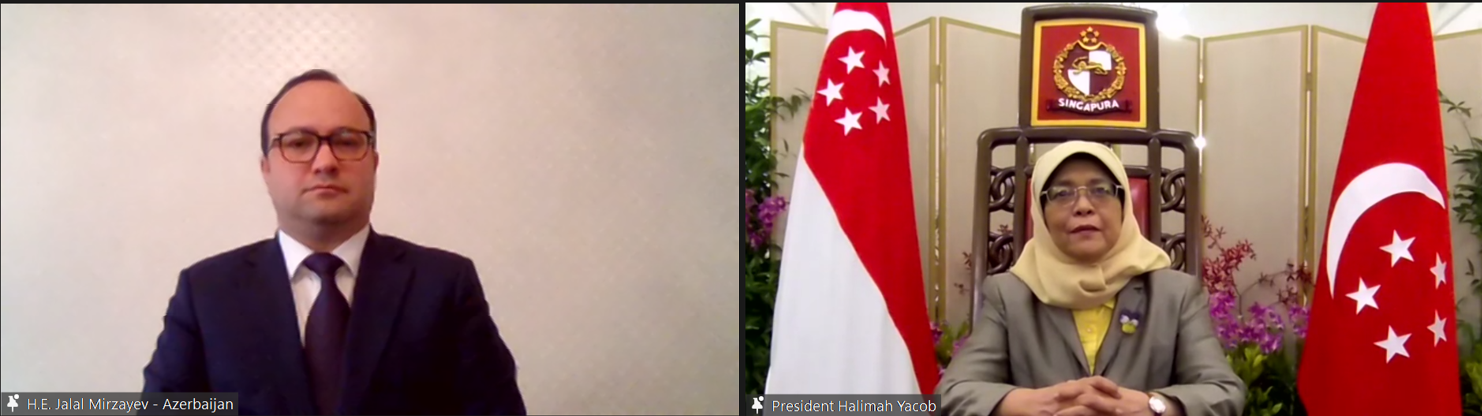 Ambassador Jalal Mirzayev's presentation of his credentials to President of Singapore Halimah Yacob at a ceremony through a video conference held at the Istana and the offices/residences of Heads of Foreign Missions.