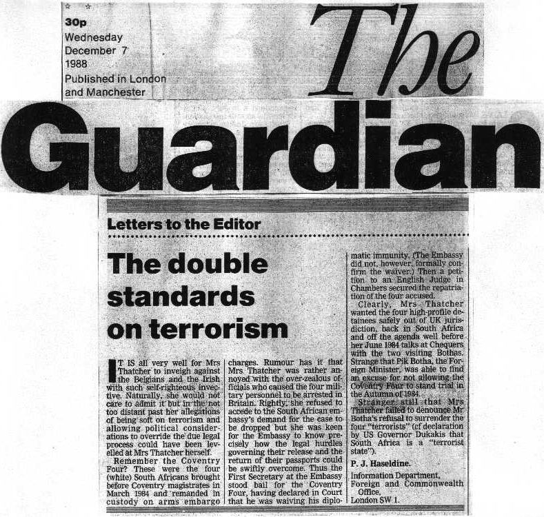 Haseldine's letter was published 14 days before the Pan Am Flight 103 bombing