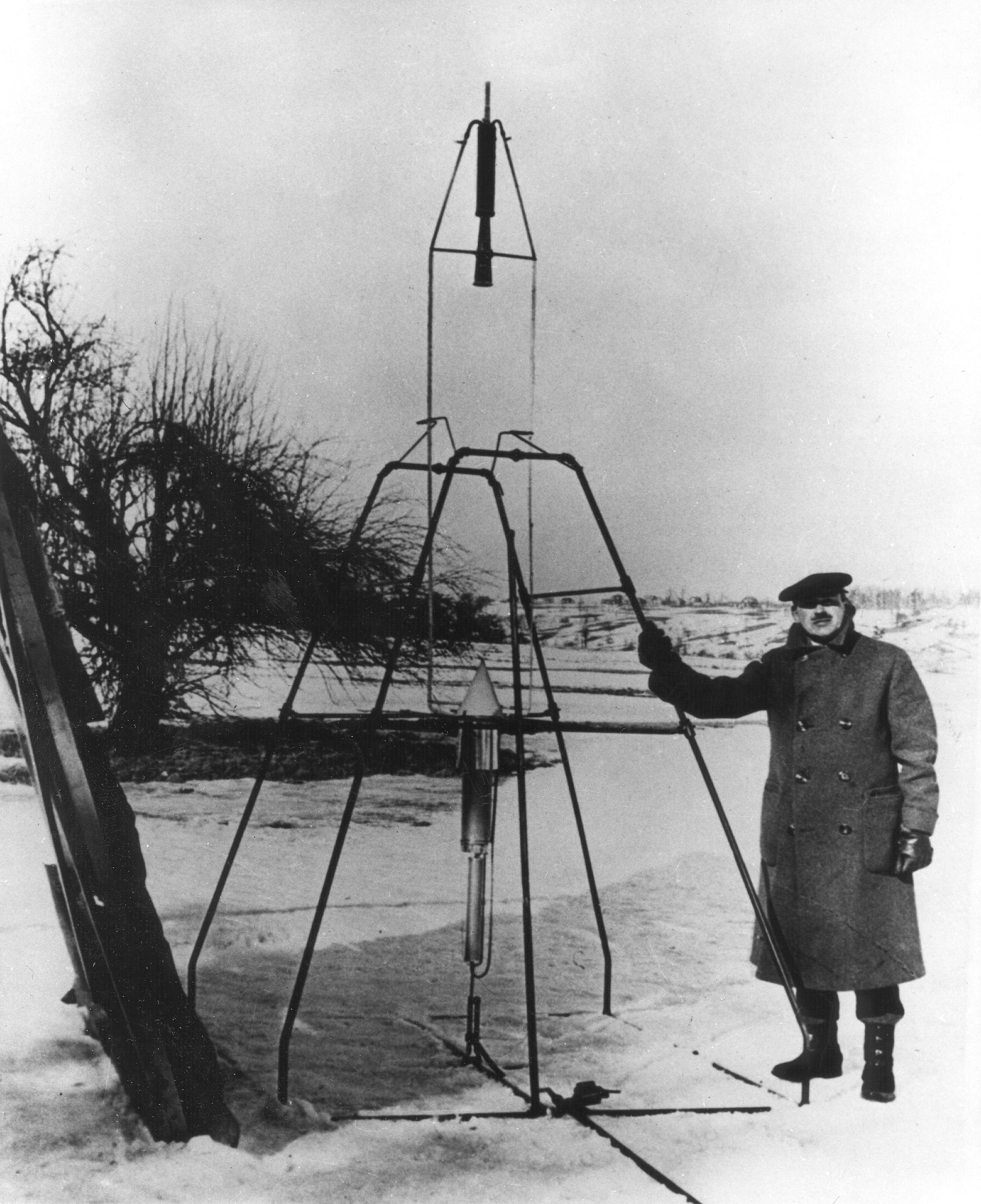 Robert Goddard and the first liquid-fueled rocket, just before its launch in 1926