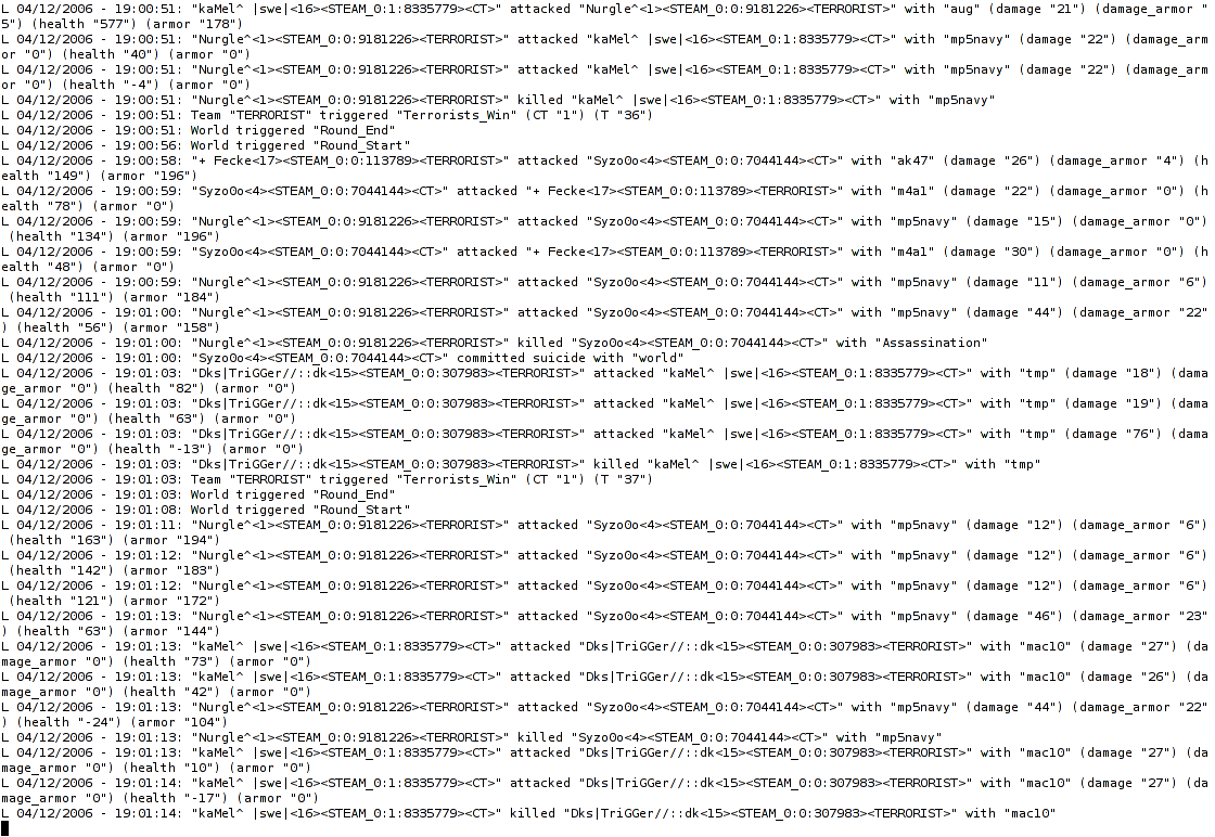 Screenshot of HLDS running Counter-Strike in Linux.