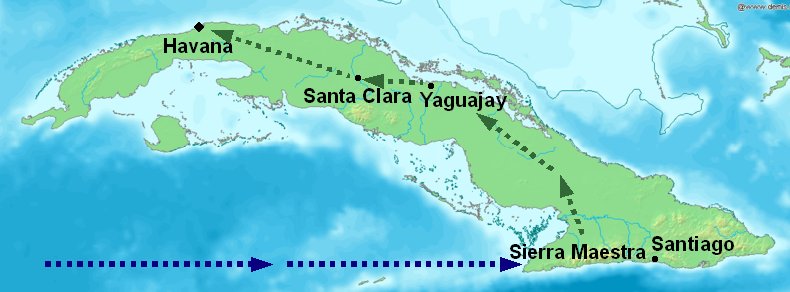 Map of Cuba showing the location of the arrival of the rebels on the Granma yacht in late 1956, the rebels' stronghold in the Sierra Maestra, and Guevara's route towards Havana via Las Villas Province in December 1958