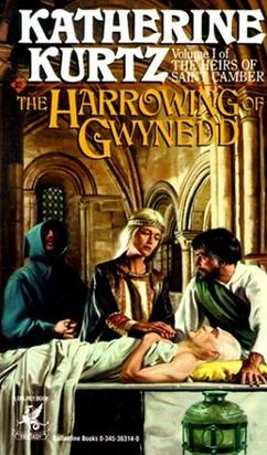 Evaine MacRorie Thuryn (top center), Joram MacRorie (left), Queron Kinevan (right), and Camber MacRorie (bottom) on the cover of The Harrowing of Gwynedd (1989); artwork by Michael Herring.