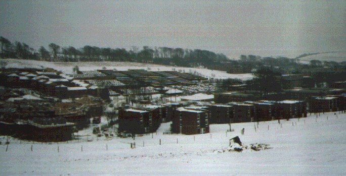 Park Village in the snow, 1990-91. East Slope halls in the background; Brighthelm and Lewes Court under construction on the left.
