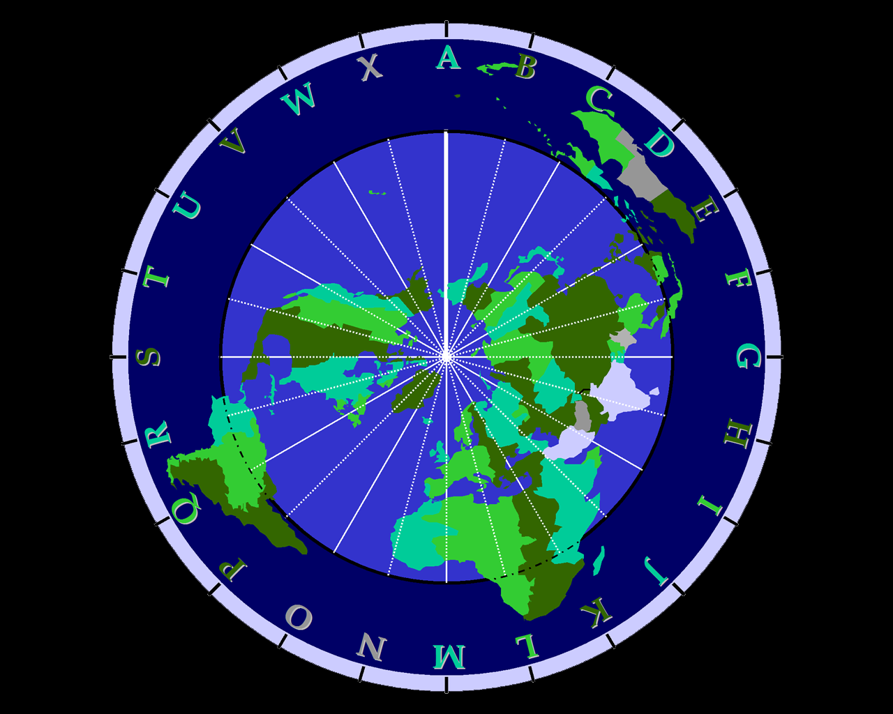 The CET 24-hour clock face. The global hour is read as the letter-hour of the zone that the Sun is located in. The local time for any time zone is read off a circular scale of 24 local hours that rotates with the Sun (with the Sun at 12 noon). Global time and all local times are indicated simultaneously, with no conversion needed to switch between them.
