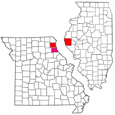 The Quincy Micropolitan Area (red) with the possible inclusion of Marion County, Missouri (pink).