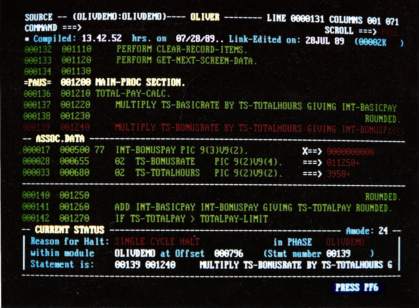 Screenshot of OLIVER - CICS Interactive debug. COBOL example