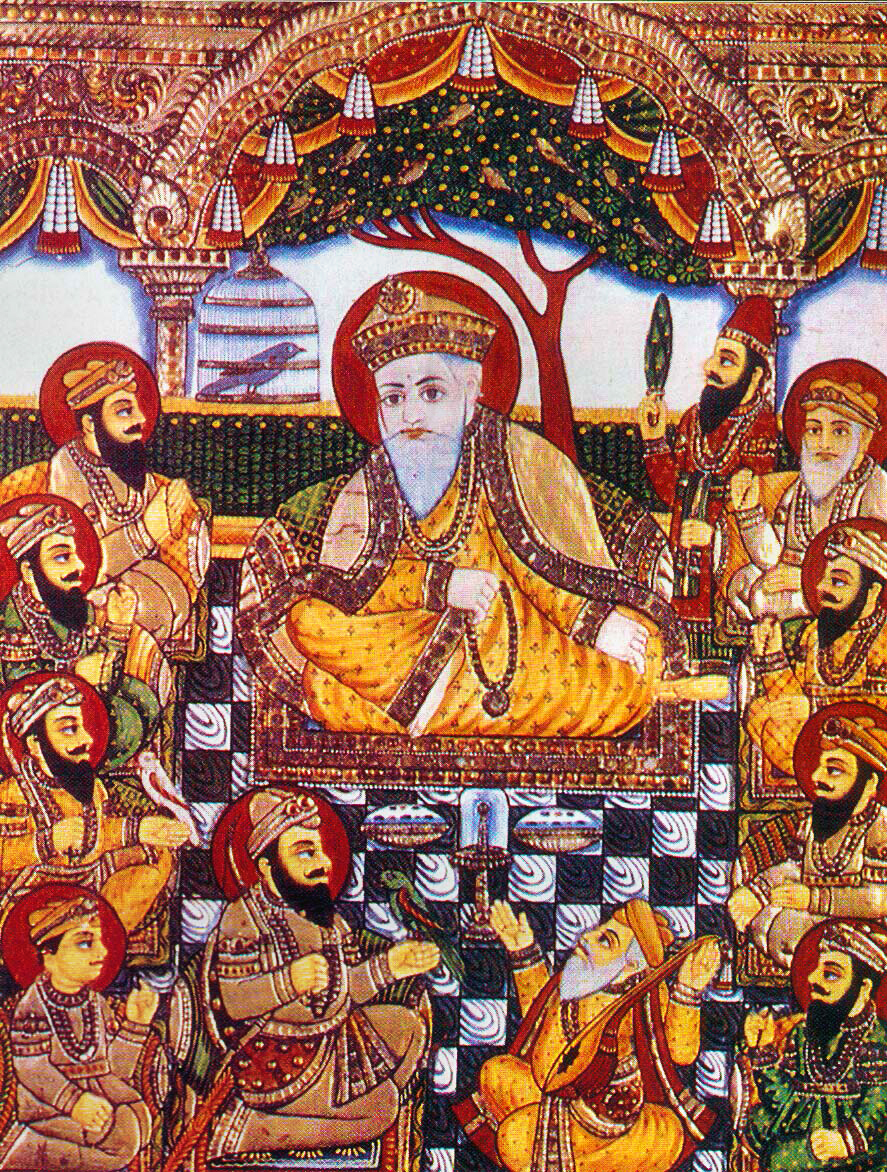 A rare Tanjore style painting from the late 19th century depicting the ten Sikh Gurus with Bhai Bala and Bhai Mardana.
