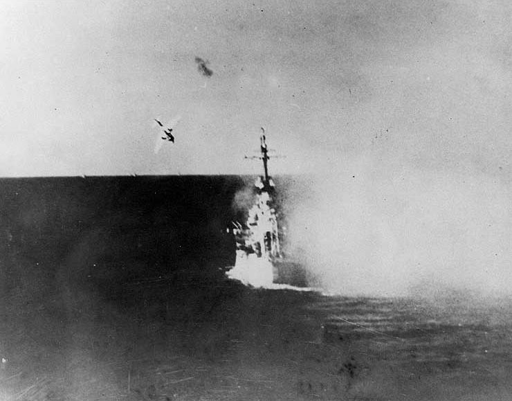 USS Columbia is attacked by a kamikaze off Lingayen Gulf, 6 January 1945.