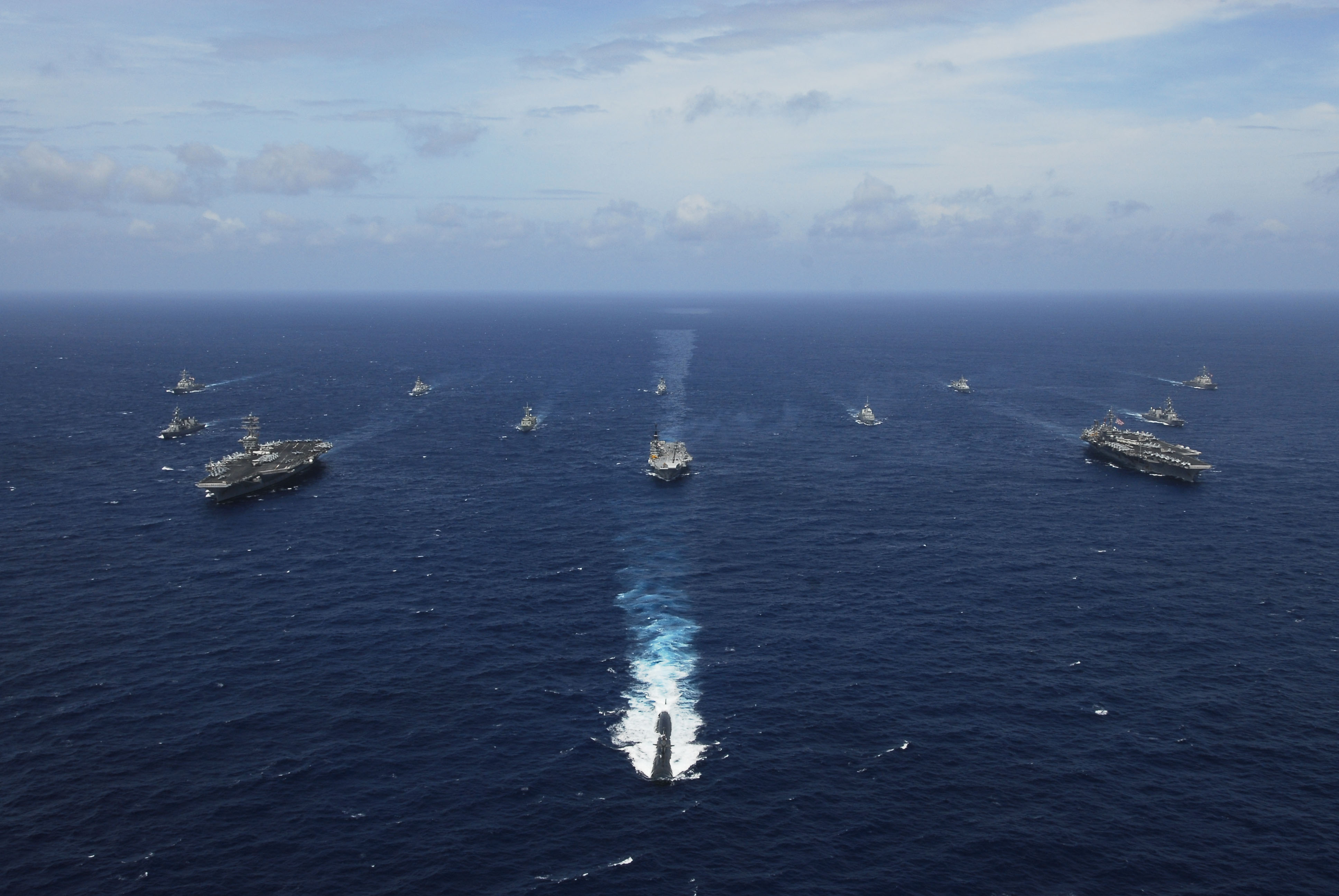 Naval ships from India, Japan, Australia, U.S. and Singapore during a naval exercise off the Malabar coast. The primary aim of the exercise was to enhance naval surveillance in the Arabian Sea, Indian Ocean and Strait of Malacca. 