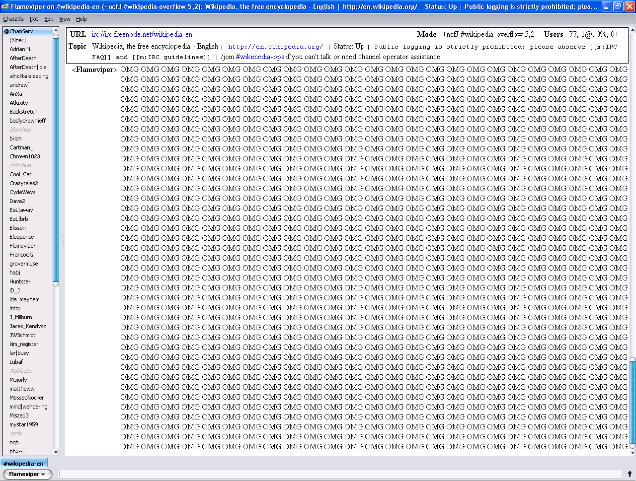 An IRC flood using the common Internet term "OMG".