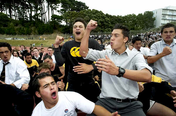 Wellington College students performing the school haka after winning the 2005 McEvedy Shield.