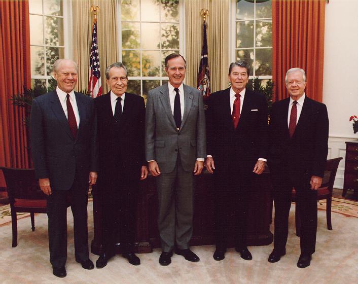 The remaining presidents from the Inauguration of George H.W. Bush in 1989 up to the Inauguration of Bill Clinton in 1993. The presidents (left to right) are: Gerald Ford, Richard Nixon, George H.W. Bush, Ronald Reagan, and Jimmy Carter. The remaining presidents from the Inauguration of George H.W. Bush in 1989 up to the Inauguration of Bill Clinton in 1993. The presidents (left to right) are: Gerald Ford, Richard Nixon, George H.W. Bush, Ronald Reagan, and Jimmy Carter.