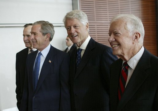 The remaining presidents as of now since the death of Gerald Ford in 2006. The Presidents (left to right) are: George H.W. Bush, George W. Bush, Bill Clinton, and Jimmy Carter.