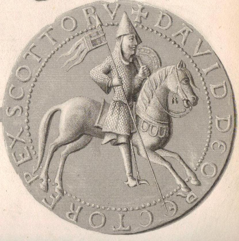 Steel engraving and enhancement of the reverse side of the Great Seal of David I, a picture in the Anglo-Continental style depicting David as a warrior leader. It is very similar to the seal of his brother, Alexander I of Scotland.