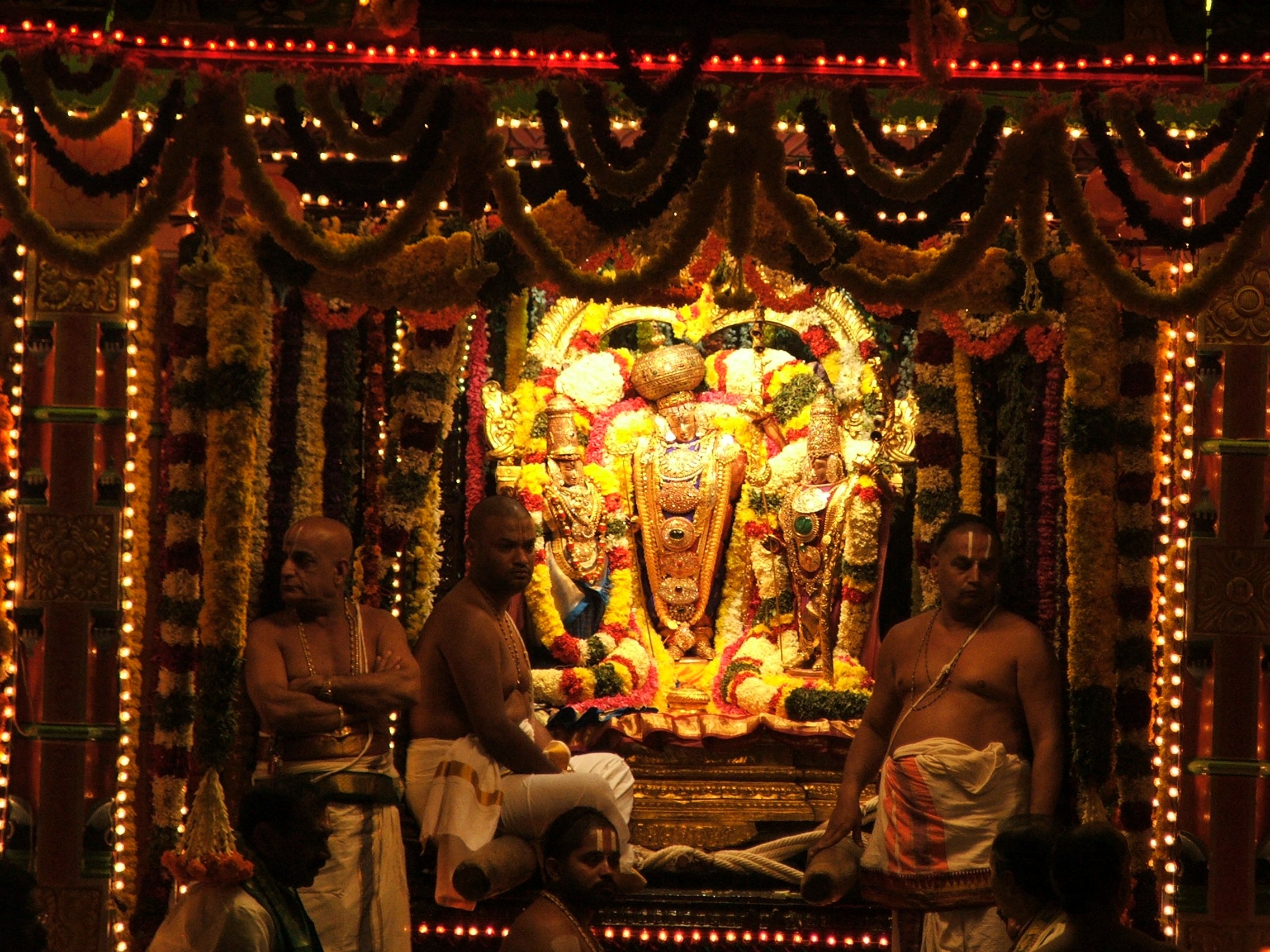 The idols in the Swami Pushkarini mandapam during the Teppotsavam festival
