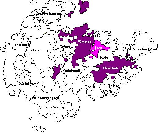      Saxe-Weimar, shown within the other Ernestine duchies and showing      Saxe-Jena, which was joined to Saxe-Weimar in 1690 (OTL).