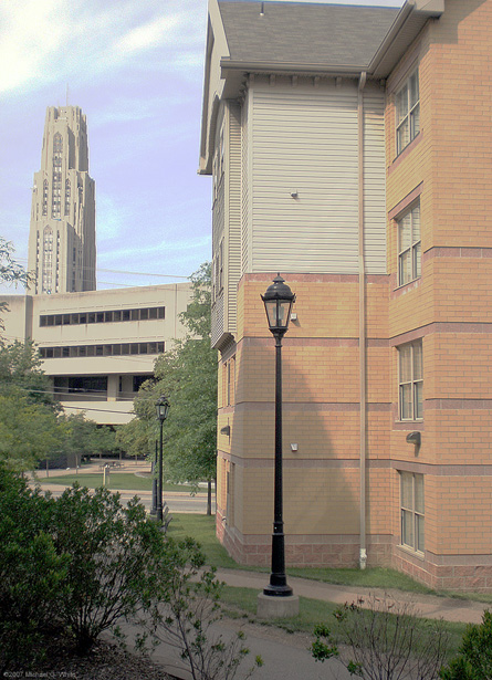 Posvar Hall and the Cathedral of Learning can be seen from Bouquet Gardents.