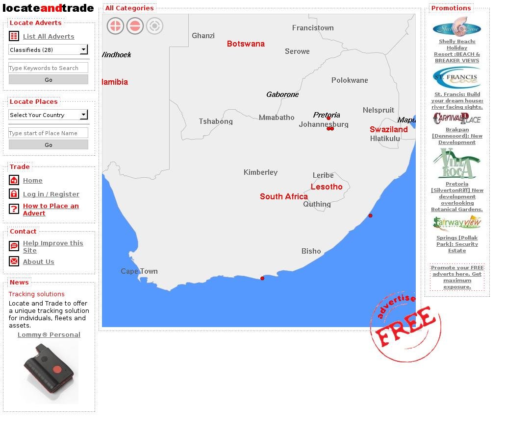 Screenshot of Locate and Trade showing a classifieds adverticements in South Africa.