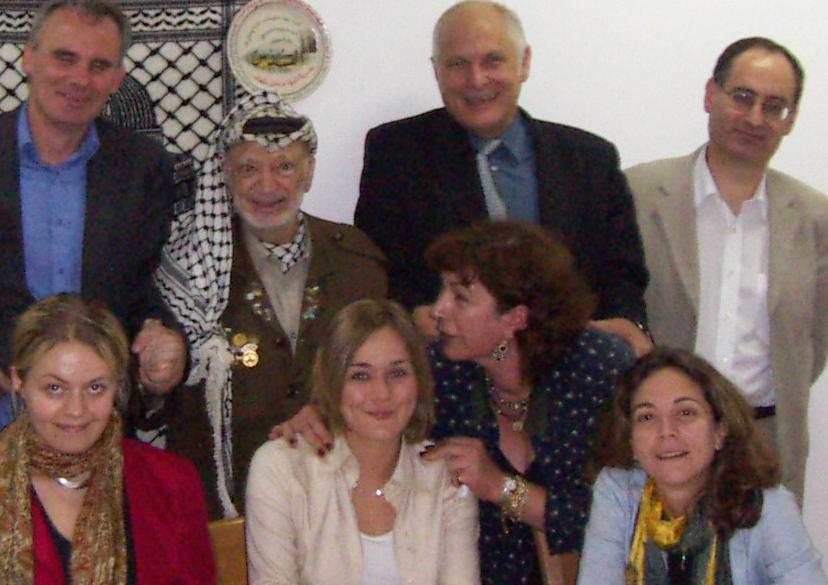 An International Media Council delegation was the last to meet Arafat shotly before his death in November 2004. Top Row from left: McAskill of the Guardian, Arafat, Morris of the Media Council, Peter David of the Economist. Bottom Row: Kinninmont of the Economist Intelligence Unit, Sallabank of Al Jazeera, Sarraf now Palestine's Ambassador to Morway, Khalaf of The Financial Times