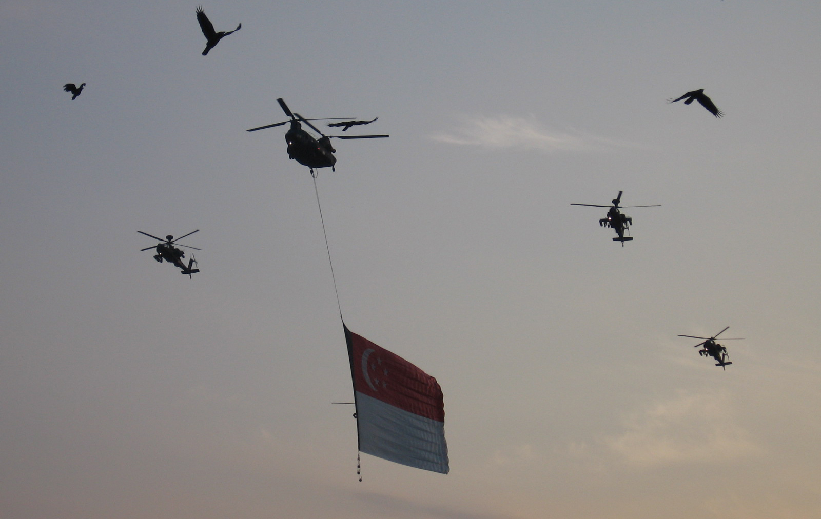 National Flag Fly-past, featuring a CH-47 Chinook carrying the State Flag escorted by AH-64 Apache.