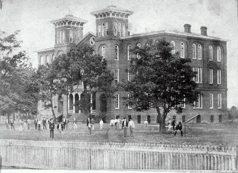 The Old Main in Auburn, for nearly three decades, except for the Civil War interruption, the hub of student life at East Alabama Male College and, later, the Agricultural and Mechanical College of Alabama, established by the Morrill Act of 1862. It is shown here as it appeared in 1883, four years before it burned and was replaced by a new main building, later named Samford Hall.