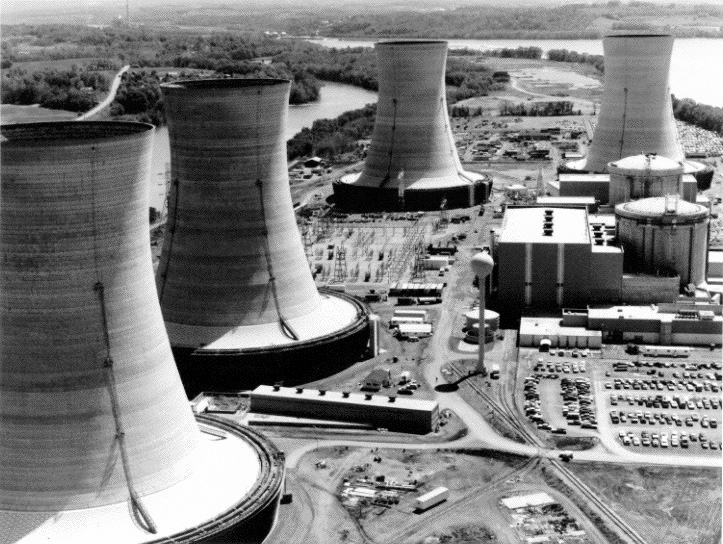 Three Mile Island Nuclear Generating Station consisted of two pressurized water reactors manufactured by Babcock & Wilcox. TMI-2, which suffered a partial meltdown, is in the background.