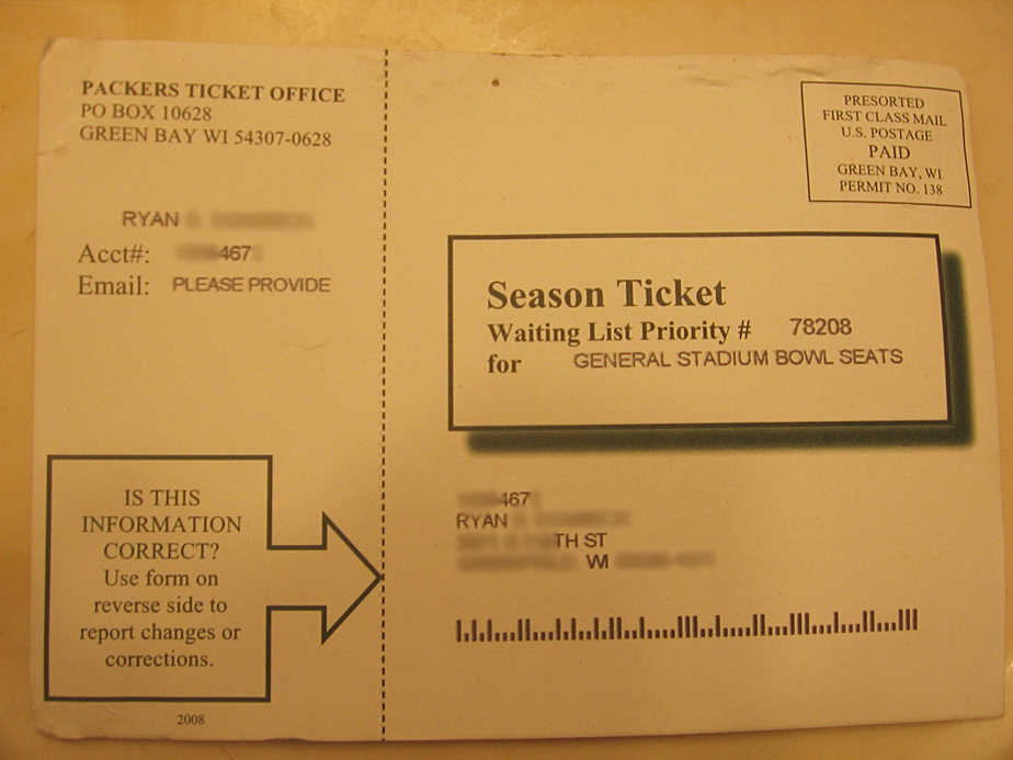 Annual postcard sent out by the Green Bay Packers organization to those currently on the waiting list for season tickets