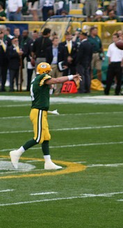 Favre warming up at Lambeau Field
