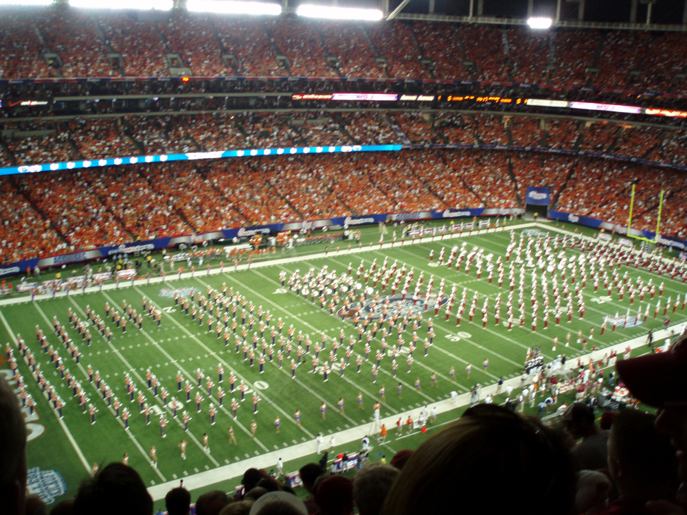 The Tigers band and the Million Dollar Band performing the national anthem prior to kickoff.