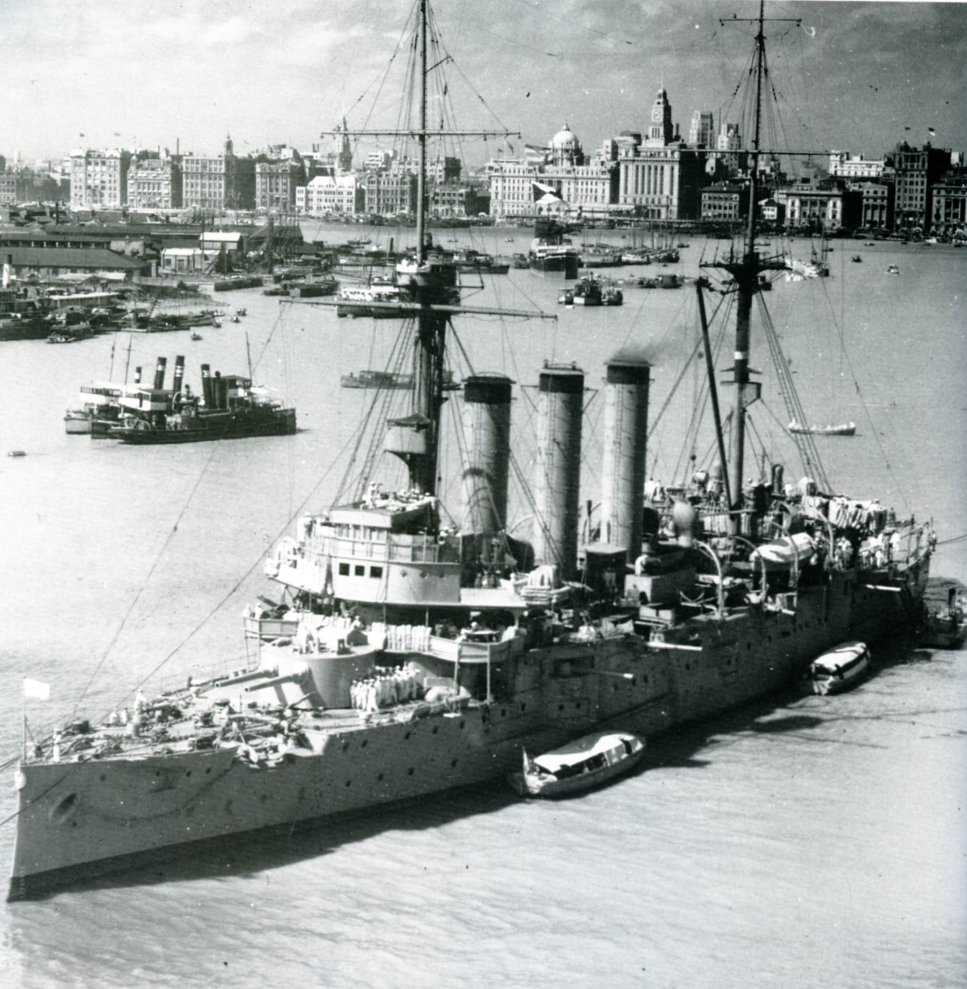 The Japanese Izumo in Shanghai in 1937; she sank riverboats in 1941