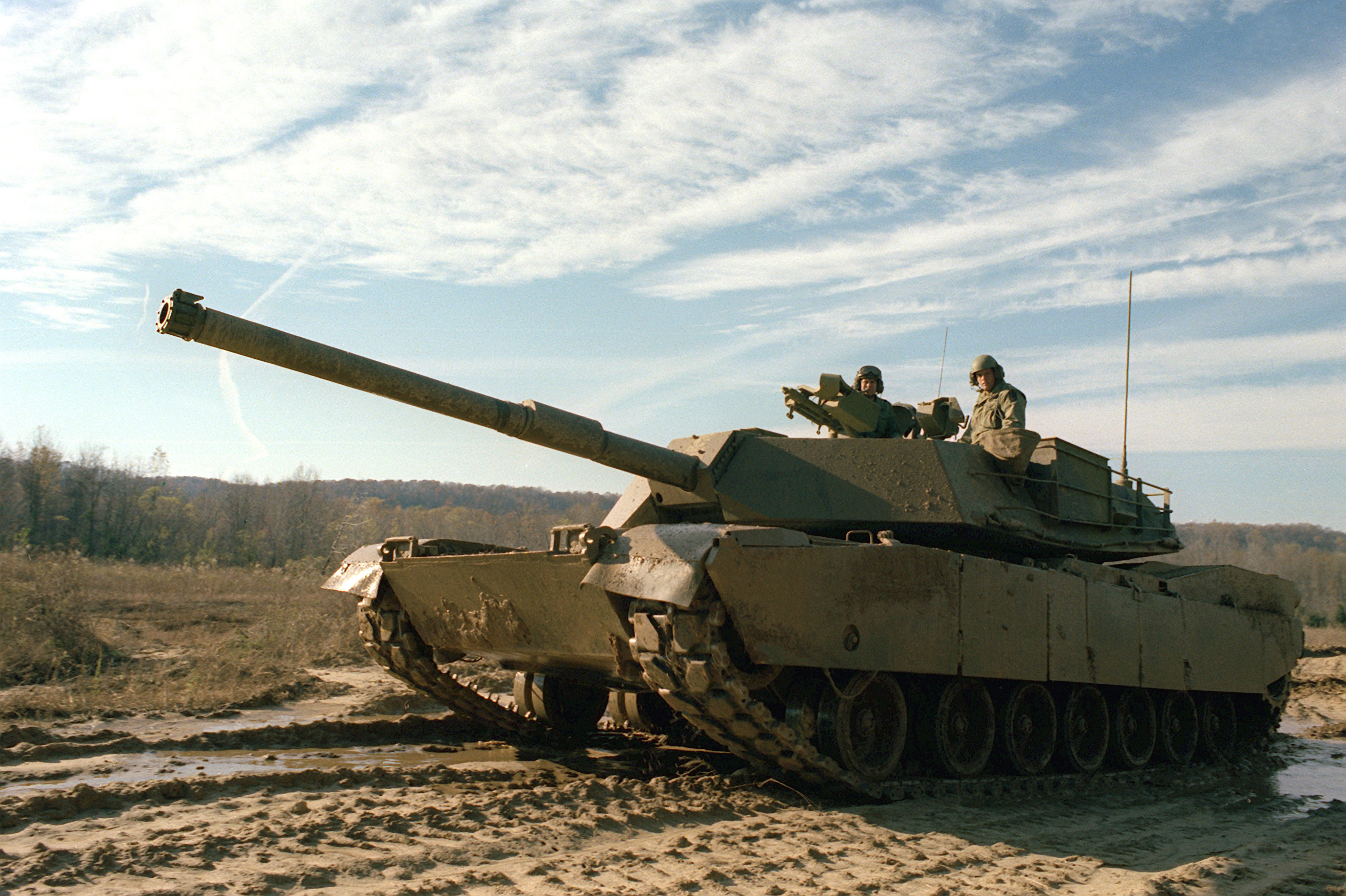 A left front view of the XM1 Abrams tank, which replaced the M60 series, during a demonstration on the test range in 1979.