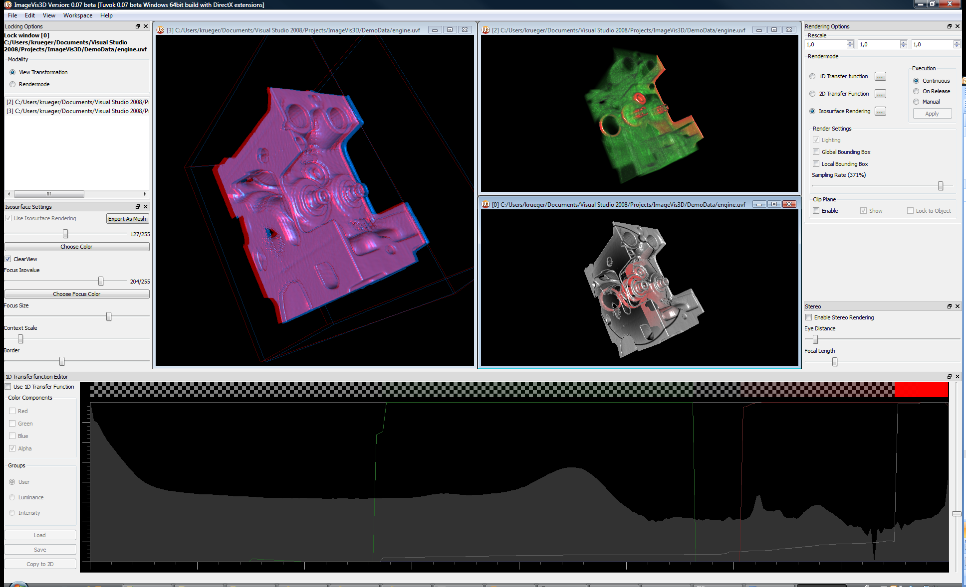  A screenshot ImageVis3D rendering the engine volume data set in differnt modes.