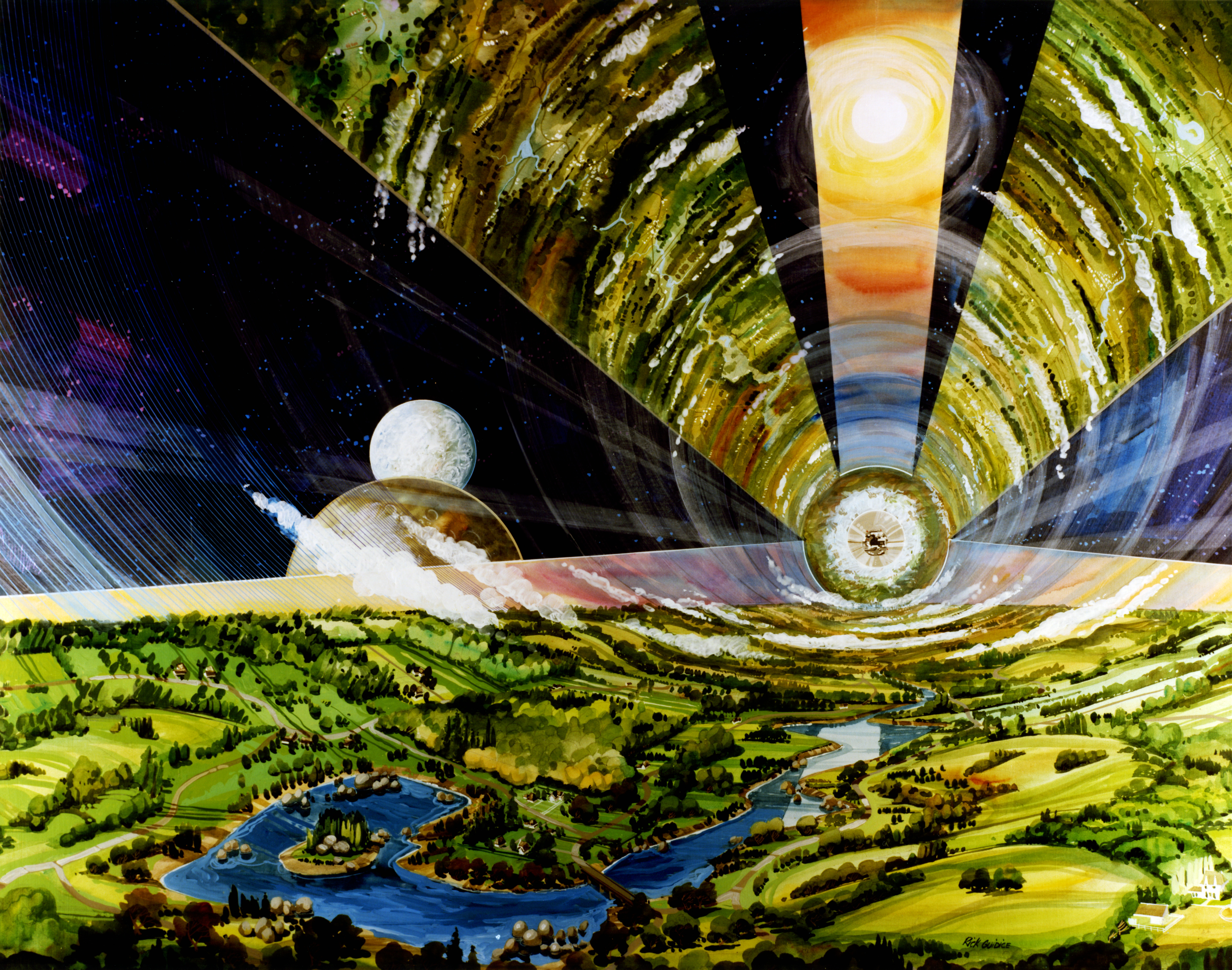 O'Neill cylinder interior. Source: NASA Space Colony Art from the 1970s