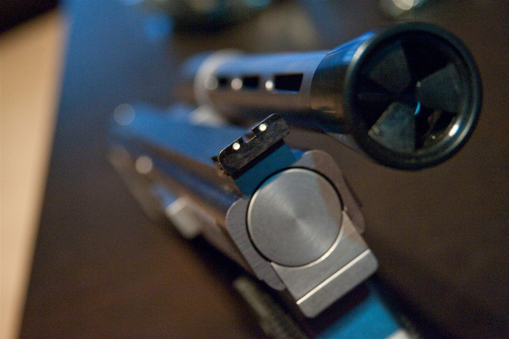 Redux rear sight replaced with a LPI-brand adjustable sight designed to fit a Colt 1911 standard dovetail slot.|right