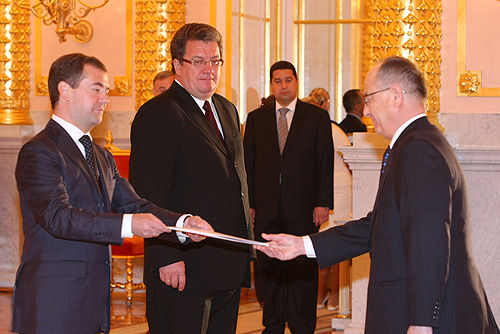 Halil Akıncı, Ambassador of Turkey to Russia, presenting his letters of credence to Dmitry Medvedev