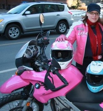 Lia Grimanis on her pink BMW motorcycle (2008)