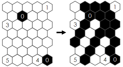  right | thumb | 300px| A simple Atsumari puzzle and solution.