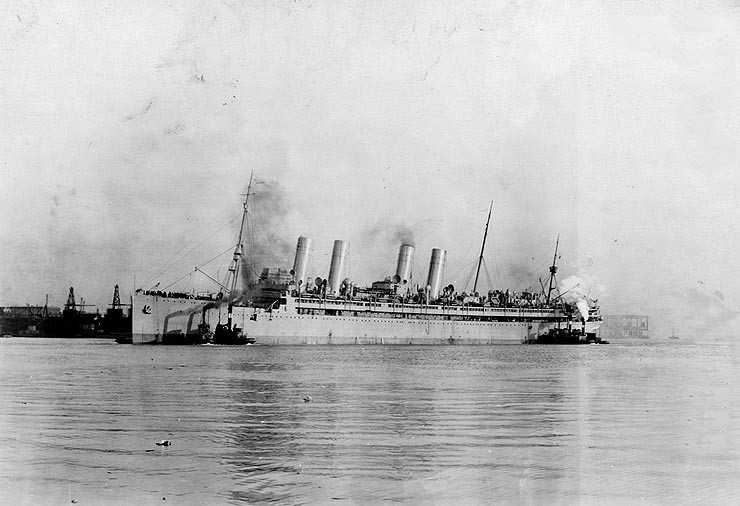 USS Mount Vernon in Boston Harbor, 1919. After receiving repairs to damage inflicted on her hull by U-82.