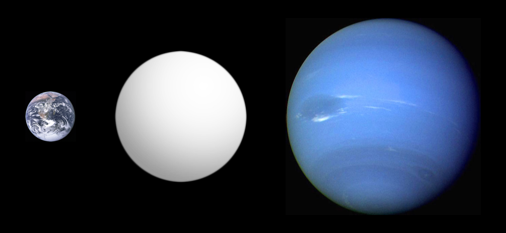 Illustration of the inferred size of the super-Earth GJ 1214 b (center) in comparison with Earth and Neptune. Illustration of the inferred size of the super-Earth GJ 1214 b (center) in comparison with Earth and Neptune.