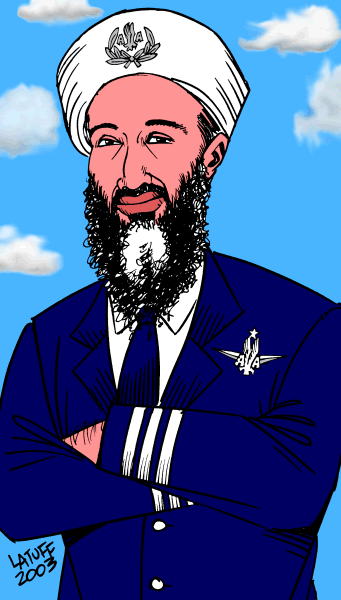 Cartoon by Carlos Latuff depicting bin Laden as a pilot with American Airlines.