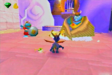 Spyro the Dragon attacking two of the Cloud Spires invading rhynocs