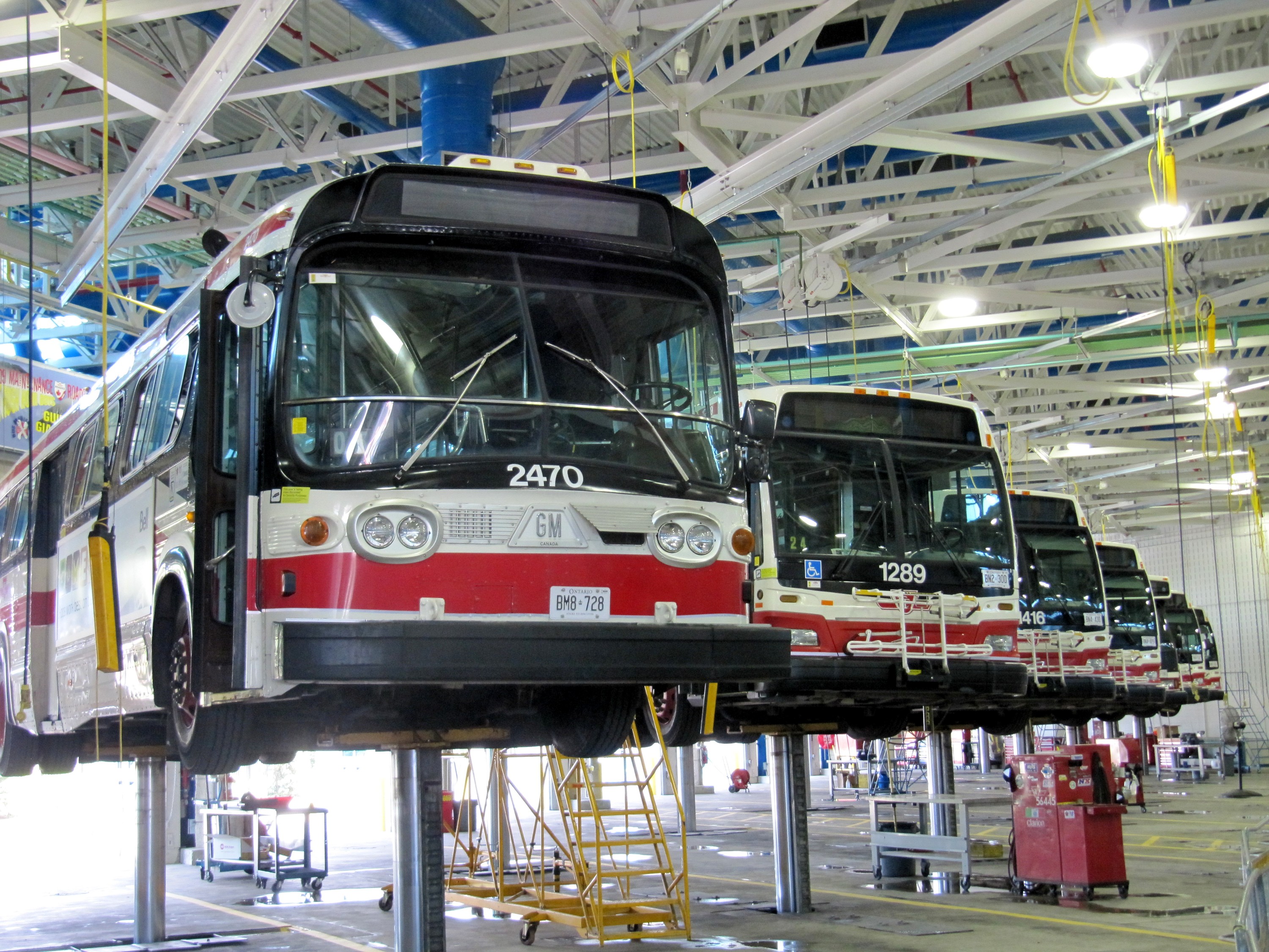 Buses on lifts at Mt Dennis Garage
