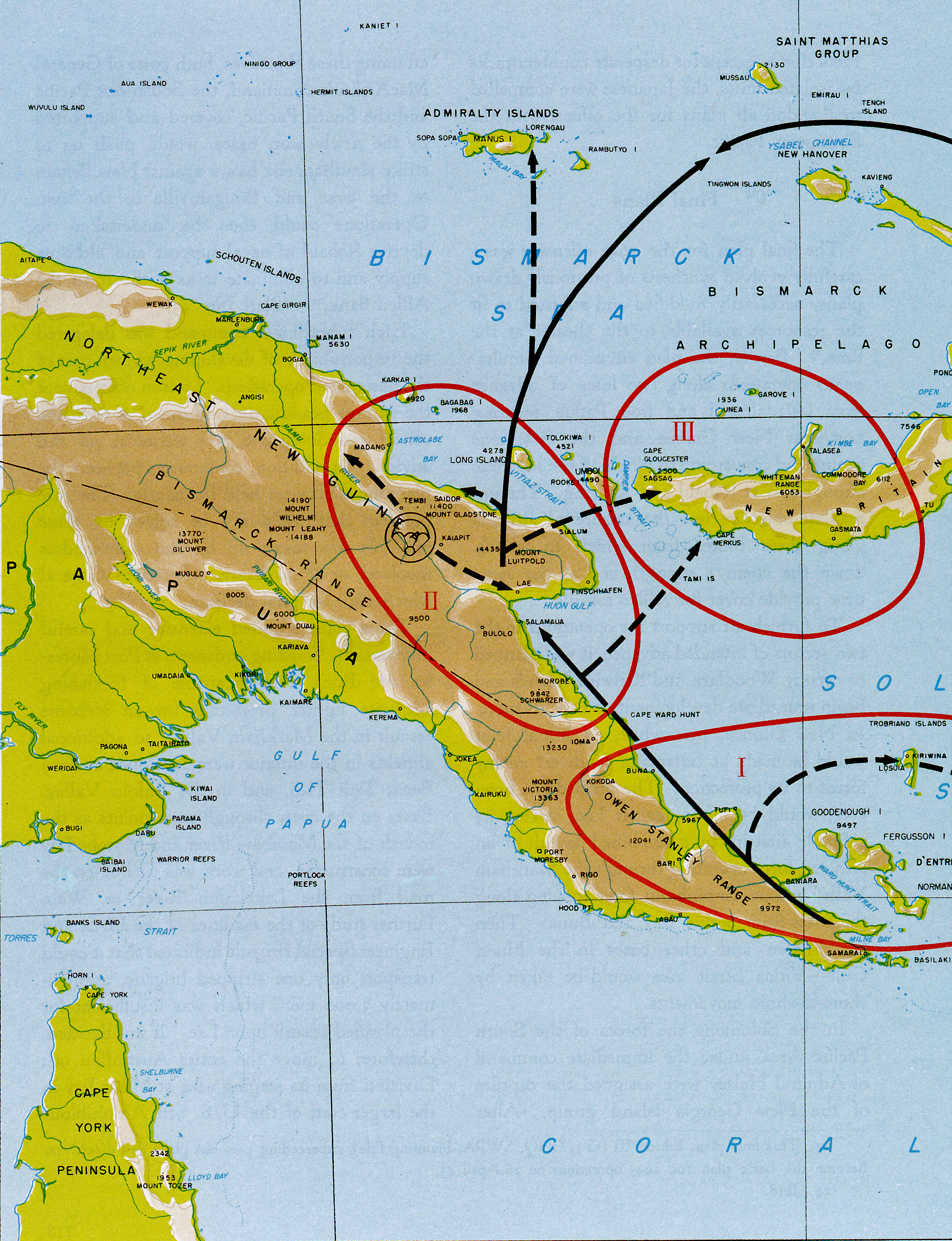 Elkton III Plan, March 1943|alt=Topographic map of Papua New Guinea with arrows indicating an Allied advance along the northern coast towards the Admiralty Islands.